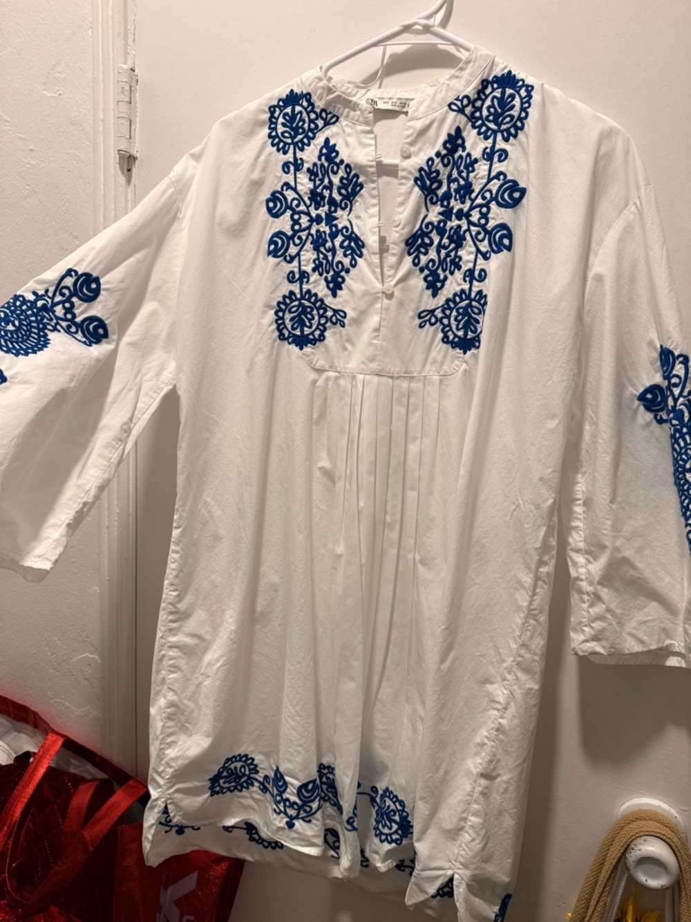 ZARA 
White Tunic Dress with Blue Embroidery